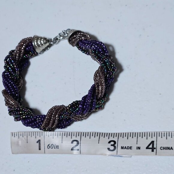 Handcrafted Twisted Seed Beaded Bracelet Purple Gold Beads Fashion Jewelry Women - Picture 6 of 6